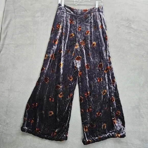 Anthropologie Ett Twa Jessie Velvet Wide Leg Pants Floral Burnout Boho Size Xs - Picture 2 of 9